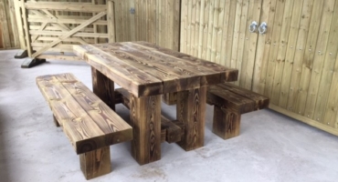 Large chunky larch table and benches